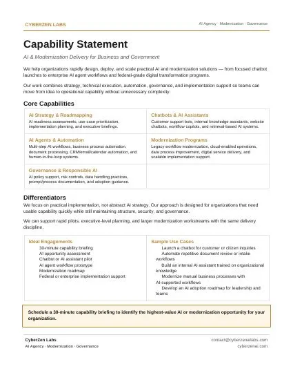 First page of the CyberZen Labs AI & Modernization Capability Statement