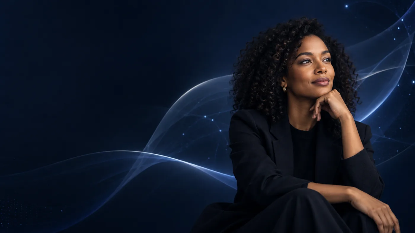 A thoughtful professional against a midnight-blue background with soft AI-inspired light trails, representing human-centered AI